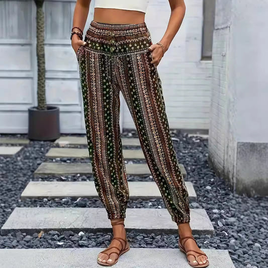 Spring Summer Women Clothing Bohemian Ethnic Print Loose Slimming Draping Effect Elastic Waist Ankle Tied Casual Pants