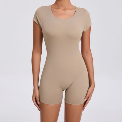 Backless Peach Hip Skinny Yoga Clothes Dance Sports Workout Clothes Hip Lift Belly Shaping Short Sleeve Yoga Jumpsuit - Wanita Store