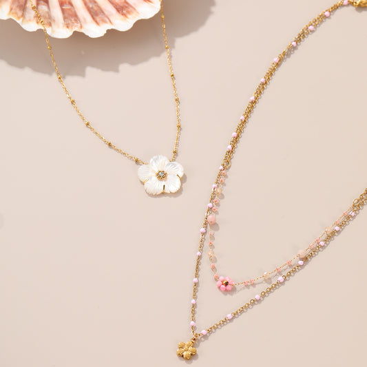 Beaded Floral Twin Stainless Steel Necklace 18K Gold Plating Non Fading Exquisite Necklace - Wanita Store