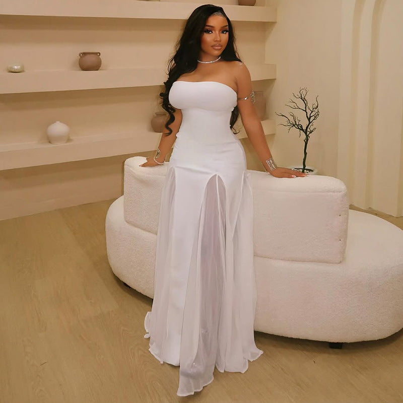 Elegant Women Dress See through Bandeau Slim Fit A line Off Neck Solid Color Dress Evening Dress