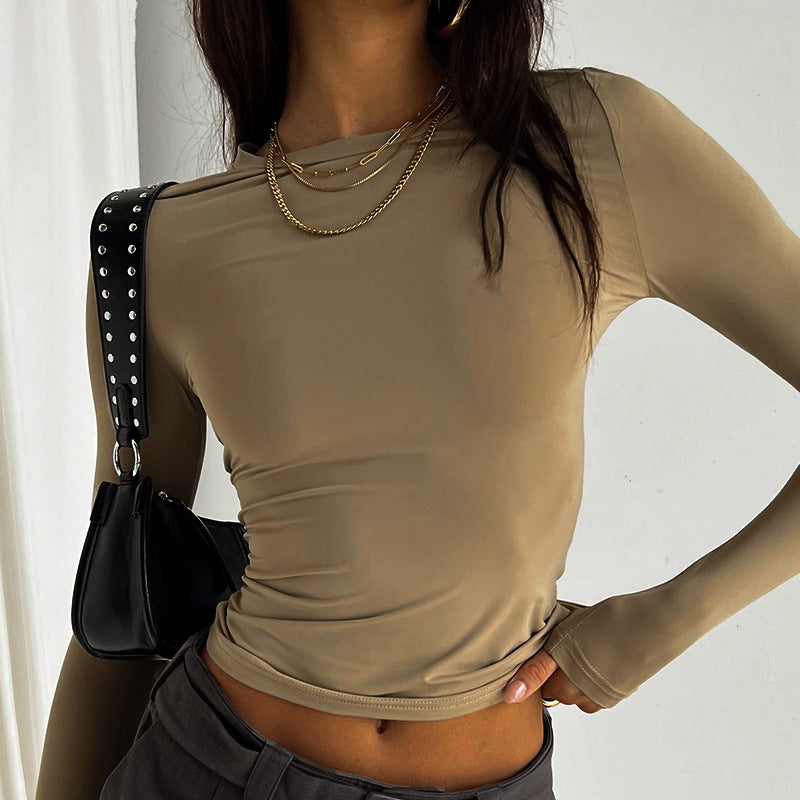 Women Clothing Spring Solid Color round Neck Long Sleeve Basic Top