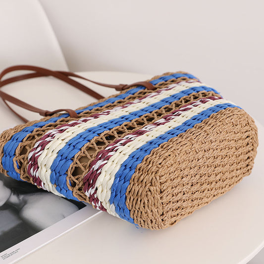 Hollow Out Cutout Straw Bag Vintage Stripe Portable Straw Bag Woven Bag Seaside Vacation Beach Bag Shoulder Bag - Wanita Store