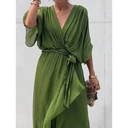 Women Clothing Solid Color Tied Maxi Dress Batwing Sleeve Irregular Asymmetric Dress - Wanita Store