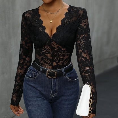 Fall Women Clothing Solid Color Long Sleeve Lace Stitching One Piece - Wanita Store