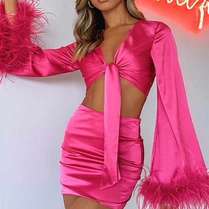 Satin Set Feather V neck Patchwork Sexy Lace up Short Top Hip Skirt Slit Casual Pants - Wanita Store