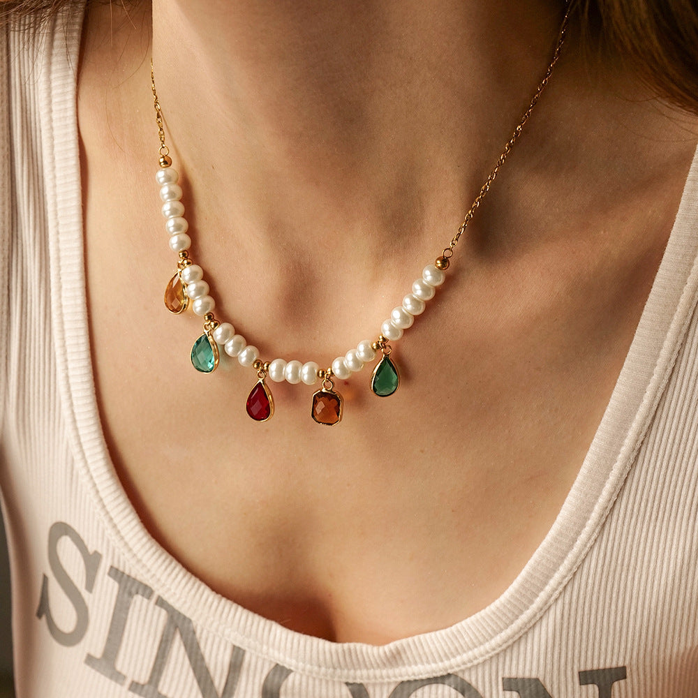Stainless Steel Pearl Necklace High Grade Clavicle Chain Zircon Natural Stone Titanium Steel Sold Jewelry - Wanita Store