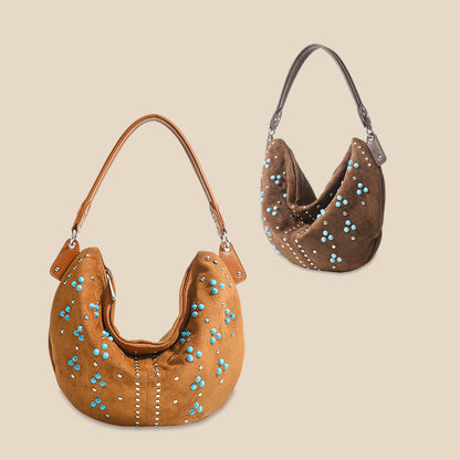 Niche Design Women Bags Vintage Rivet Frosted Portable Messenger Bag Crescent Underarm Shoulder Bag Suede Tote Bag - Wanita Store