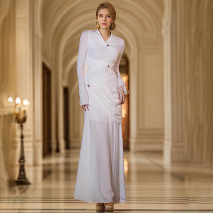 Elegant Lady Spring Crumpled Pleated Design Round Neck Long Pullover Dress - Wanita Store