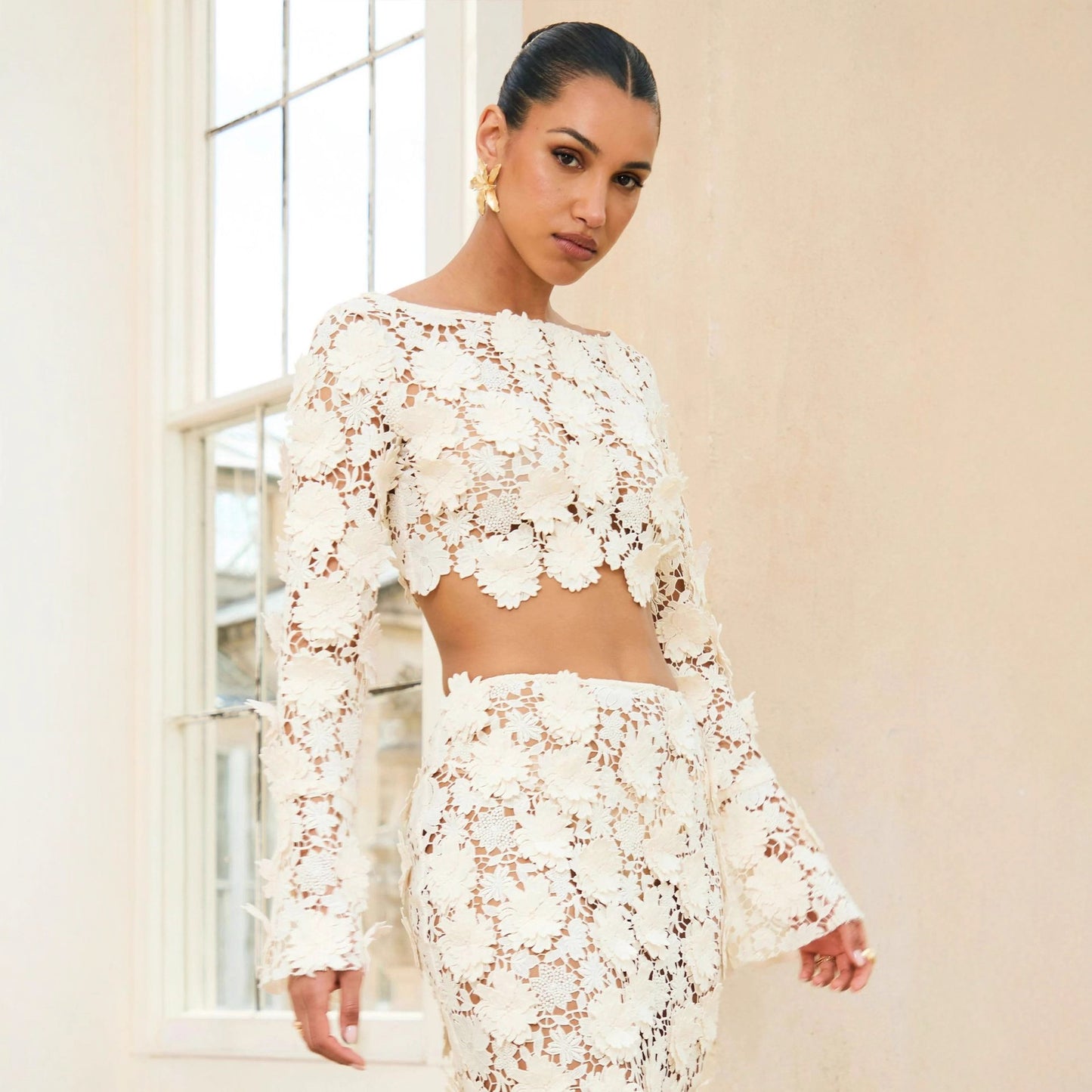 Summer Women Clothing French Lace Fishtail Pullover Long Sleeve Set Maxi Skirt for Women