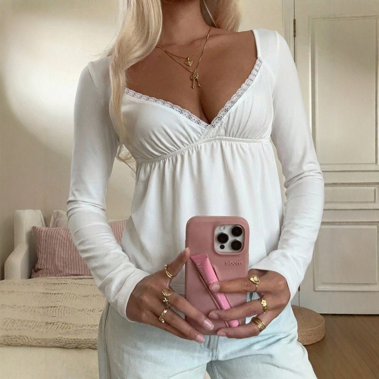 Sexy Lace V neck Long Sleeve Top Women Autumn Winter Waist Trimming Ruffles Slimming Bottoming Shirt