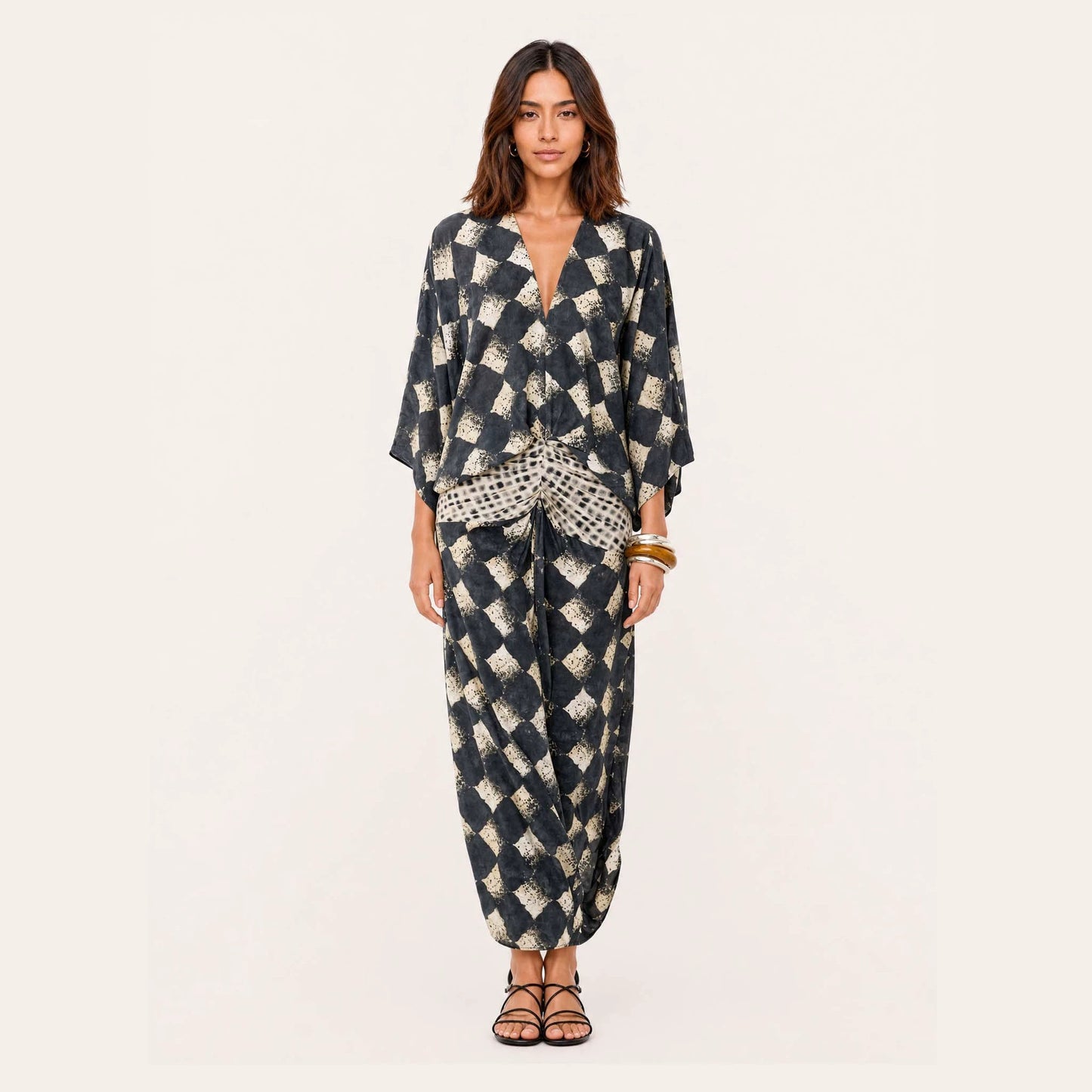 Spring Summer Artificial Linen Printed Batwing Sleeve Dress Loose Vacation Dress for Women
