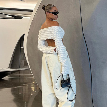 Hollow Out Cutout Bubble Cropped Long Sleeve off-Shoulder Top Sexy T shirt - Wanita Store