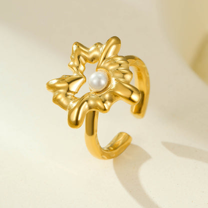 18K Gold Stainless Steel Open End Pearl Ring Natural Stone Love Inlaid Pearl Ring Women - Wanita Store
