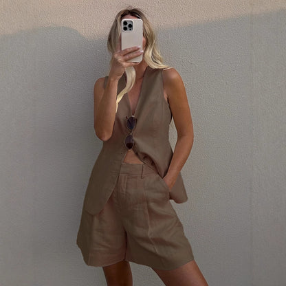 Cotton Linen Vest Shorts Set Summer Office Vest Shorts Set Casual Women - Wanita Store