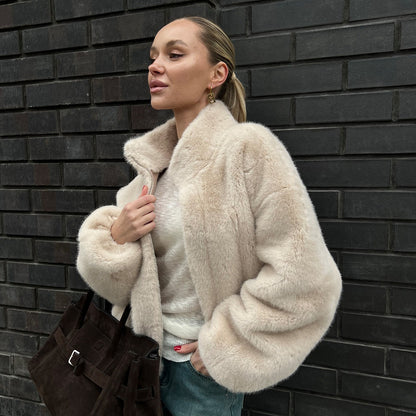 Stand Collar Plush Coat Autumn Winter with Zipper Furry Coat Warm Plush Coat for Women - Wanita Store