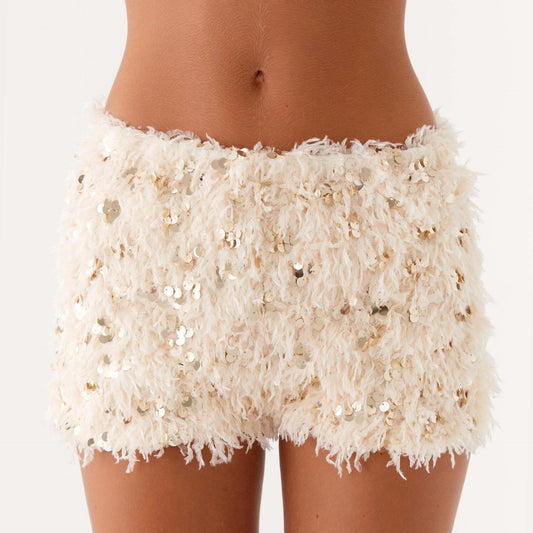Summer Women Solid Color Slim Fit Furry Sequ Sequ Sexy Low Waisted Shorts