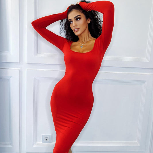 Women Clothing Autumn Winter Square Collar Long Sleeve Solid Color Waist Tight Slimming Sheath Dress