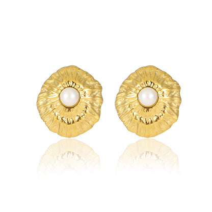 Simple Titanium Steel Geometric Abstract Pleated Pearl Stainless Steel Studs High Grade Delicate Earrings Women - Wanita Store