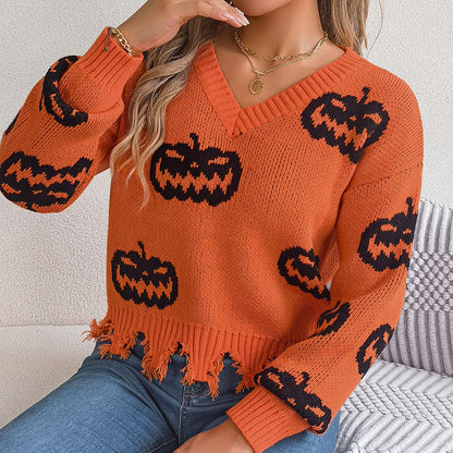 Autumn Winter Halloween Contrast Color Pumpkin Cut Rotten Long Sleeve Pullover Women Clothing - Wanita Store
