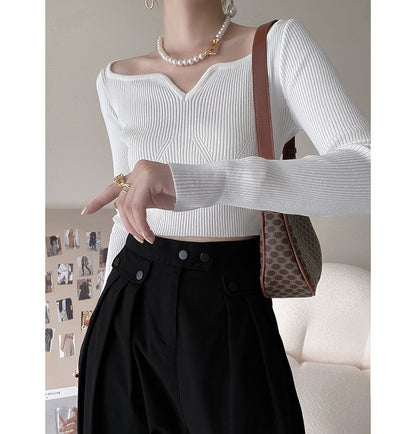Petal Collar Short Sweater for Women Autumn Slim Fit Collarbone Bottoming Shirt - Wanita Store