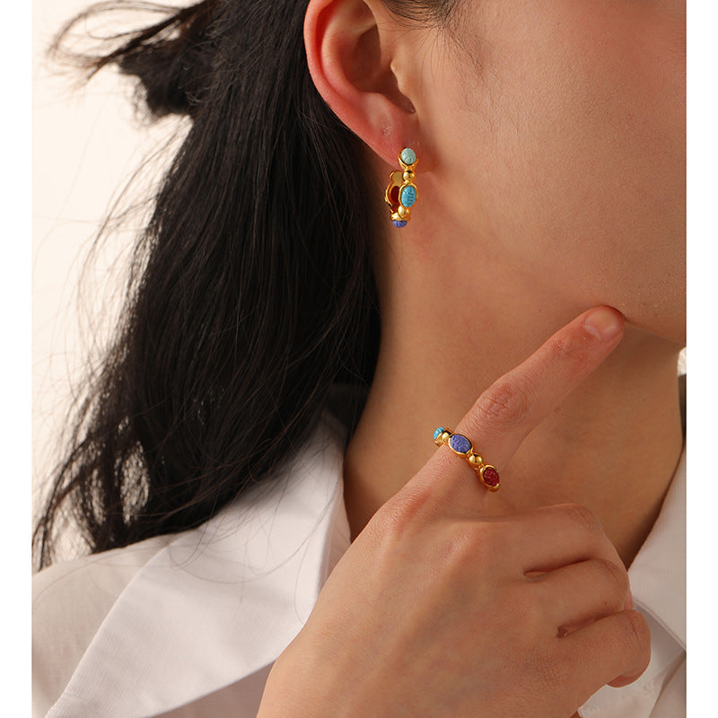 Color Gem C Shaped Earrings Ear Ring Affordable Luxury Niche High Sense Retro Silver Pin Earrings - Wanita Store