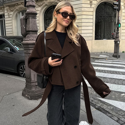 Autumn Winter Collared Elegant Double Breasted Woolen Coat Office Coat Women - Wanita Store