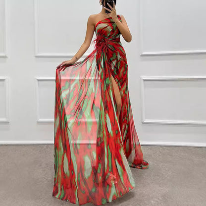 Chiffon Floral Print Slit Dress Casual Party Long Women Clothing Dress - Wanita Store