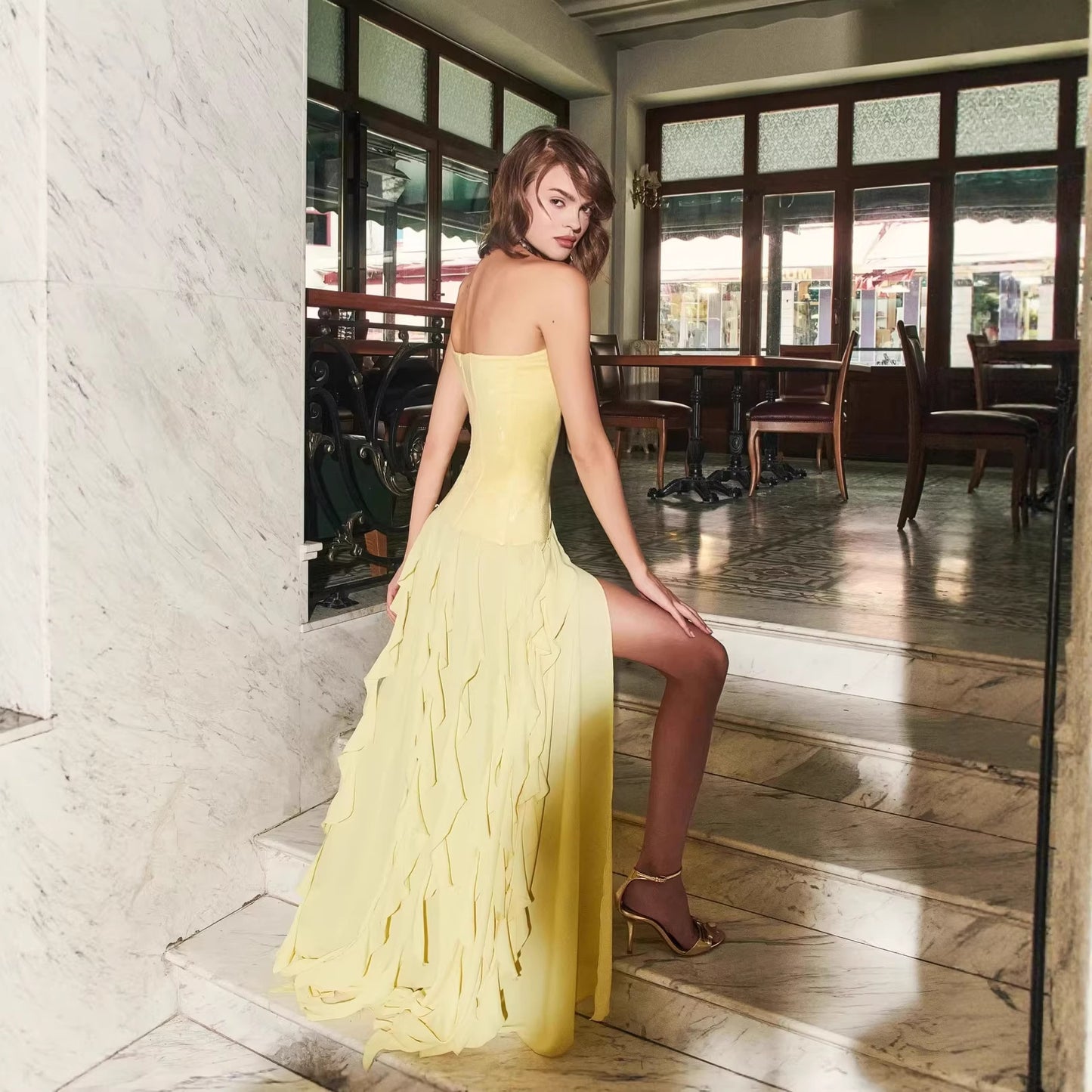 Vestido tubo amarillo con cintura ajustada, sin espalda, estilo francés, con volantes, ropa de mujer para verano