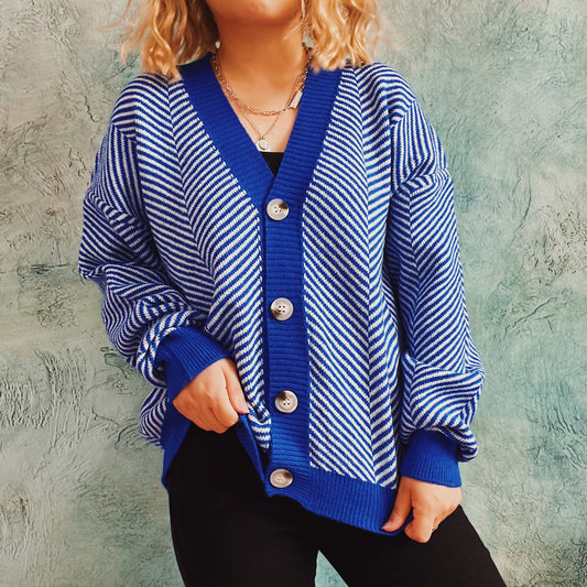 Autumn Winter Casual Contrast Color Diagonal Stripe Single Breasted V neck Long Sleeve Sweater Cardigan Coat Women