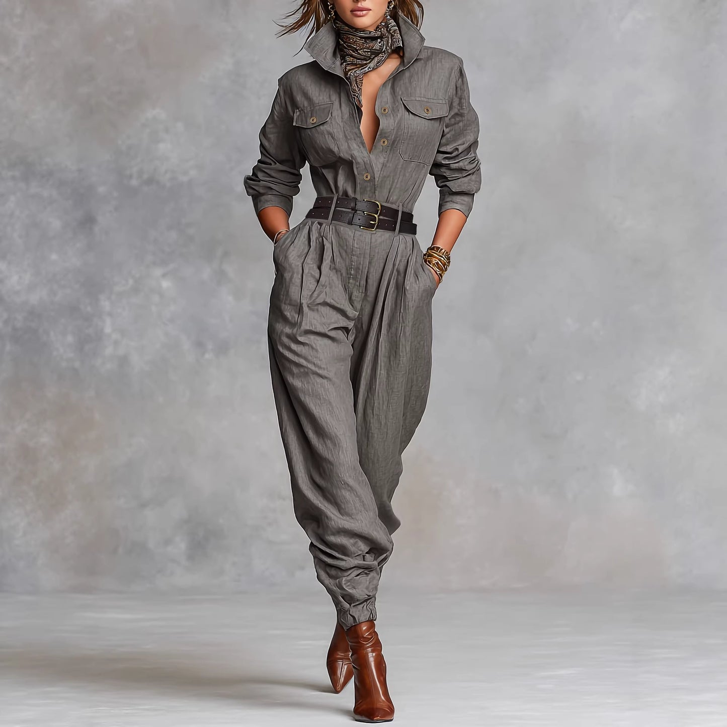 French Office Gray Long Sleeve Shirt Jumpsuit Brown Wide Belt Workplace Daily Casual Women Jumpsuit