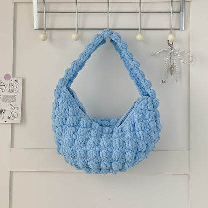 Cute Portable Beanie Straw Bag Handmade Crocheted Solid Color Hand Carrying Woven Bag Women Seaside Vacation Beach Bag - Wanita Store