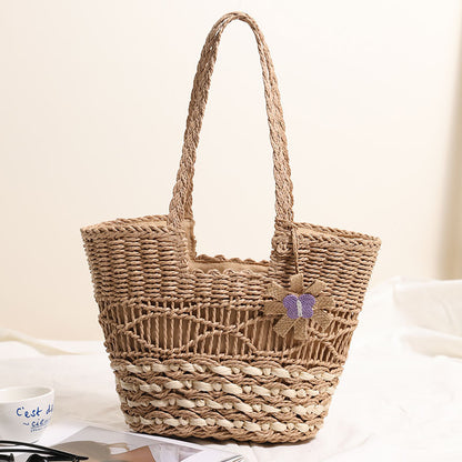 One Shoulder Hollow Out Cutout out Straw Bag Floral Contrast Color Woven Bag Vacation Beach Bag Women Bag - Wanita Store