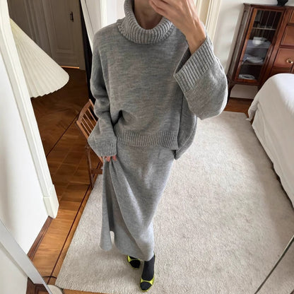 Turtleneck Sweater Skirt Set Women Autumn Winter Loose Knitted Two Piece Sweater Set Women - Wanita Store