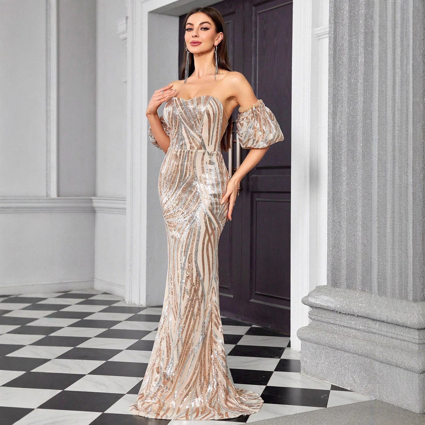 Off Shoulder High End Sequined Evening Dress Striped Color Matching Dress Women Elegant Dinner Dress