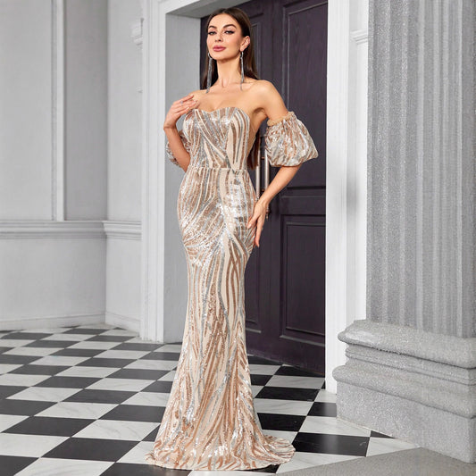 Off Shoulder High End Sequined Evening Dress Striped Color Matching Dress Women Elegant Dinner Dress