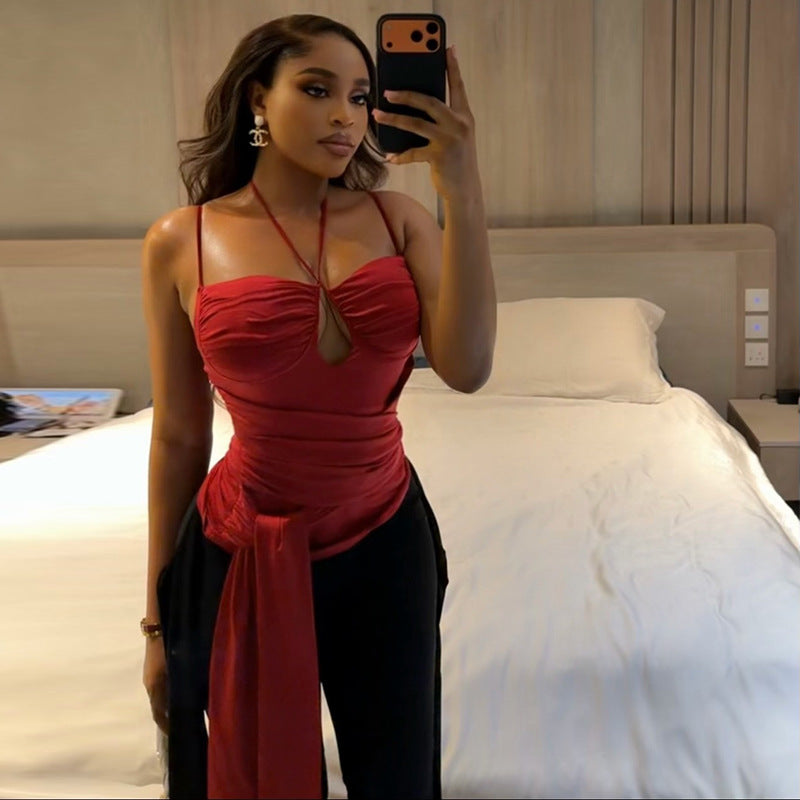 Top de verano sin mangas y sin espalda con cuello halter, tirantes finos, pliegues y color sólido para mujer