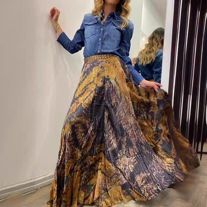 Women Autumn Retro Printed Elastic Waist Long Skirt - Wanita Store
