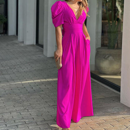 Women Clothing Short Sleeve Elegant Wide Legs Jumpsuit - Wanita Store