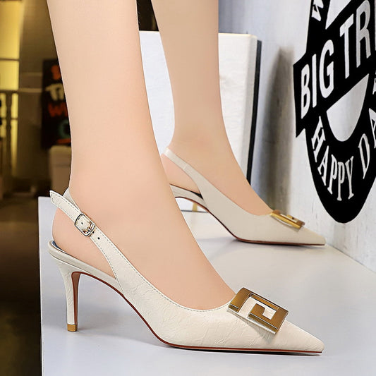 Women Shoes Stiletto Heel Shallow Mouth Pointed Toe Hollowed Back Strap Metal Square Buckle Pumps