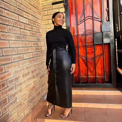 Women Clothing Autumn Winter Mid-Length Black Faux Leather Bag Buckle Slit Leather Skirt Containing Belt - Wanita Store