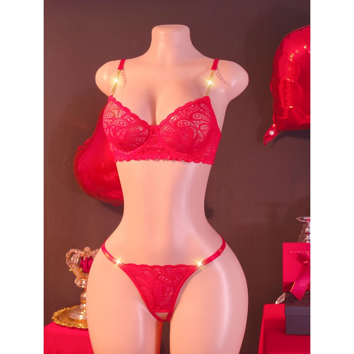 Red Lace Underwear Two Piece Metal Chain Shoulder Strap Sexy Home Wear