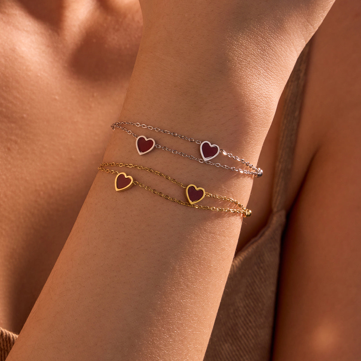 Golden Double Layer Peach Heart Twin Minority Bracelet Stainless Steel Heart Shaped Non Fading Ornament - Wanita Store