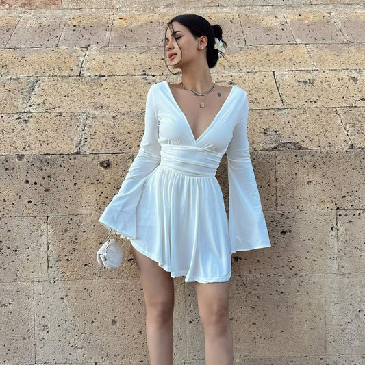 Women Clothing Autumn Sexy Backless Waist Trimming French V neck Long Sleeve Dress Sexy Sheath