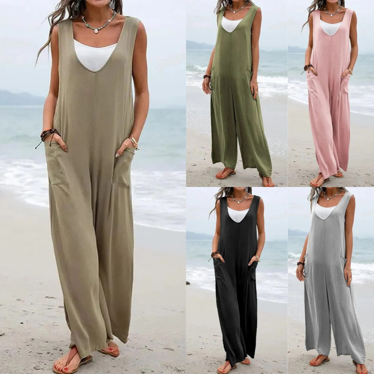 Summer Popular Solid Color Stickers Bags Jumpsuit V neck Suspender Pants Wide Leg Trousers for Women