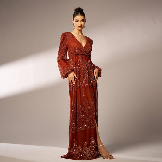 High End Long Sleeved Elegant V Neck Sexy Long Sequined Cocktail Evening Dress Bridesmaid Dress Dress Women - Wanita Store
