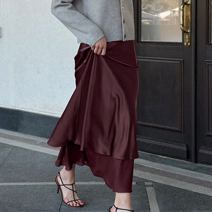 Women Clothing Satin Skirt Women Spring Summer Patchwork Mesh Double Layer Design Sheath - Wanita Store