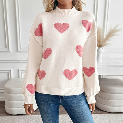 Autumn Winter Inner Love Jacquard Loose Fitting Half High Collar Long Sleeves Sweaters Women Clothing - Wanita Store