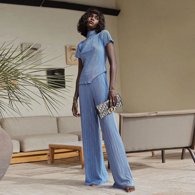 Spring Slimming T shirt High Waist Blue Pleated Wide Leg Pants Casual Women Clothing Fashion Suit