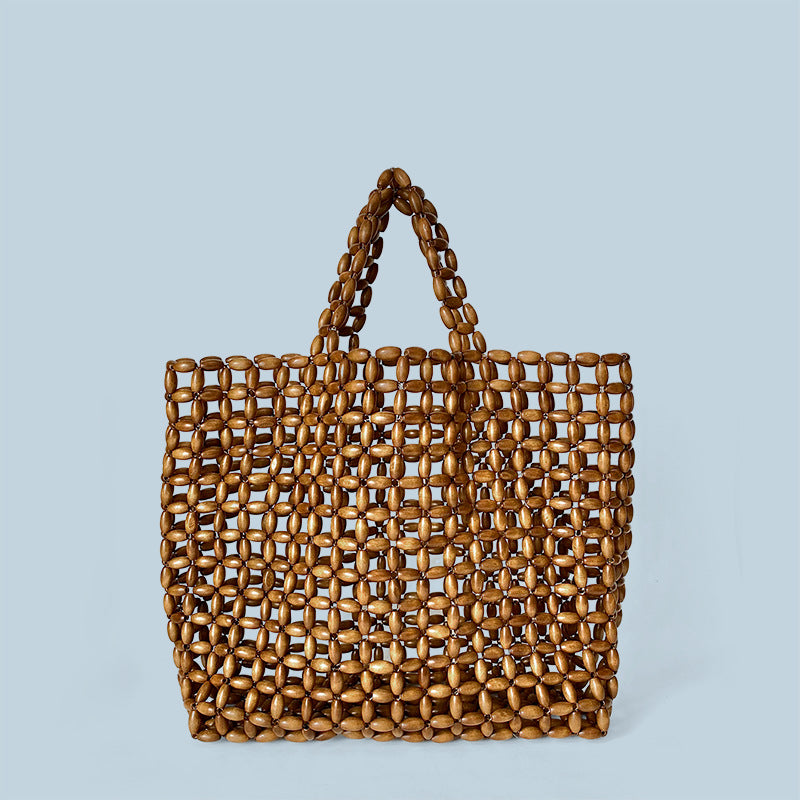 Special Interest Design Handbag with Wooden Beads Decoration Hand Woven Bag Underarm Bag Shoulder Bag Hollow Out Cutout Bag Vacation Beach Bag
