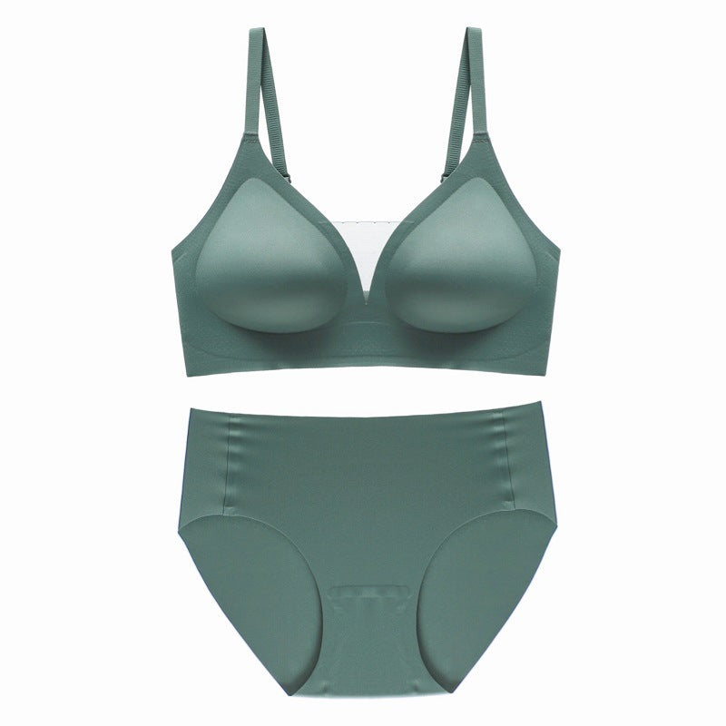 Seamless Soft Support Underwear Small Green Mesh V neck Thin Breathable Underwired Gather Comfortably Bra Set